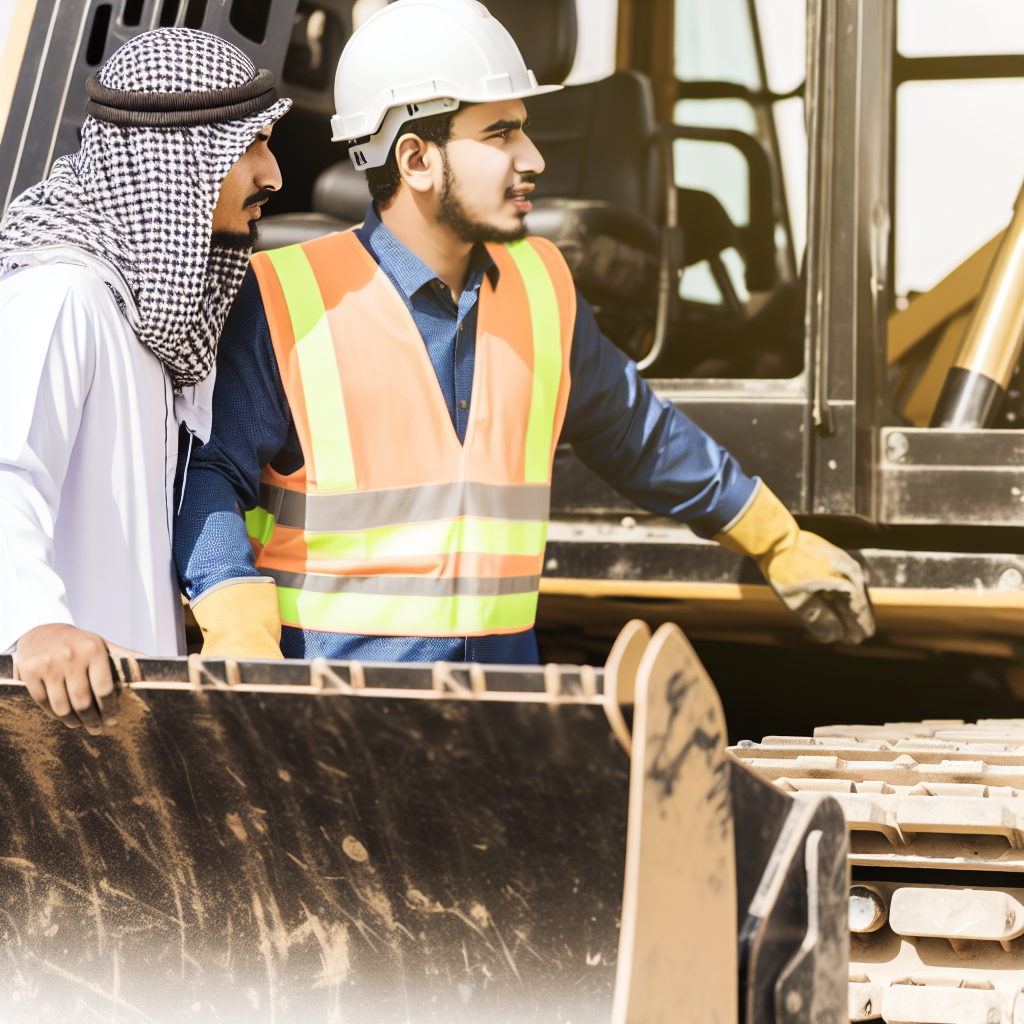 Arbeiter in Schutzkleidung bedienen moderne Erdbaumaschine.