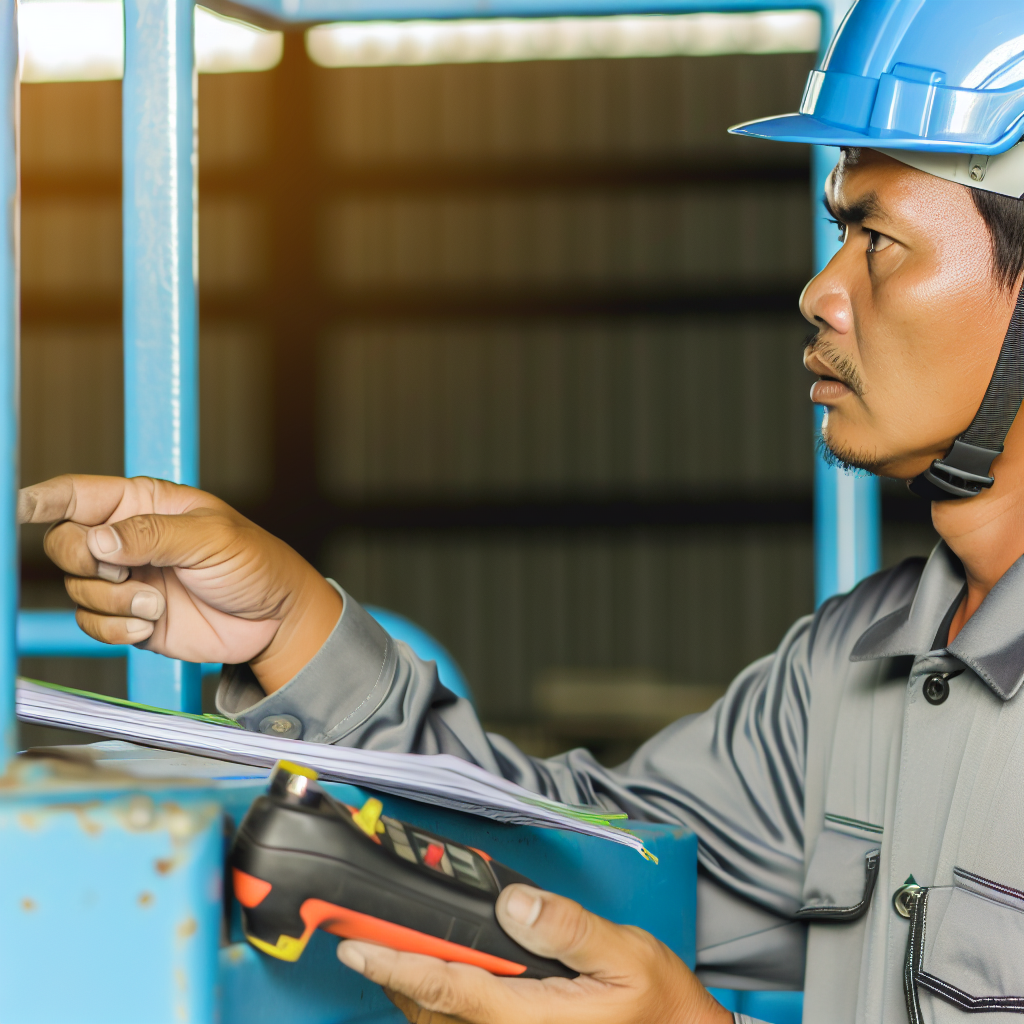 Arbeiter mit Helm überprüfen Hebebühne auf Sicherheit.