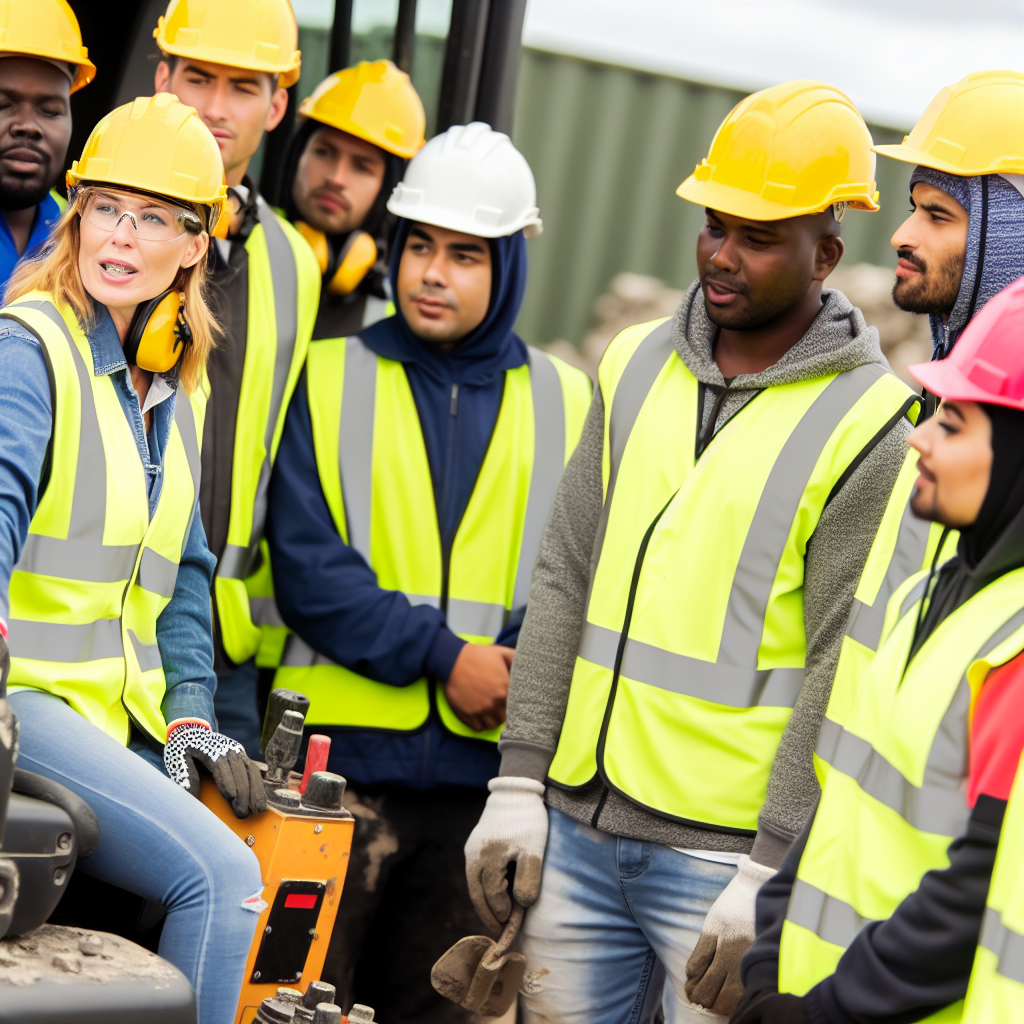 Arbeiter mit Schutzkleidung bei Baumaschinen-Schulung.