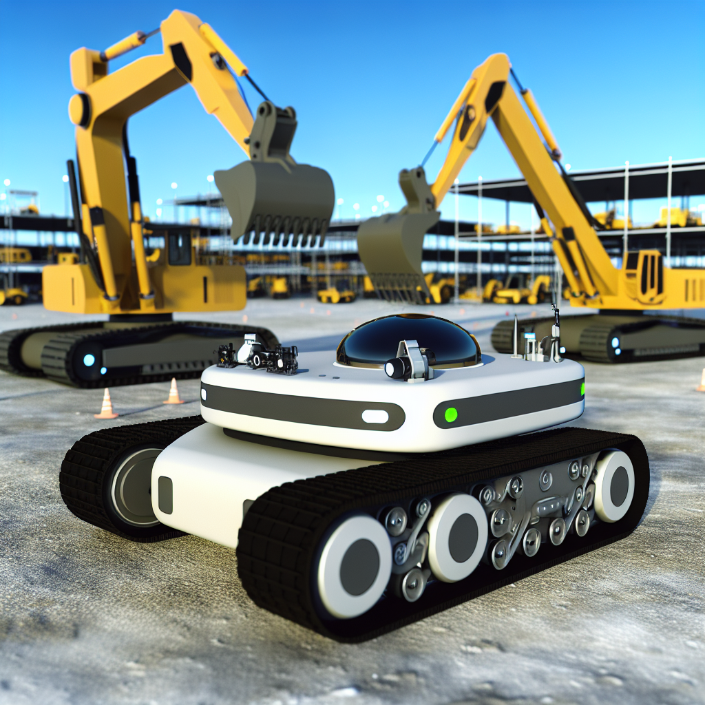 Autonome Erdbaumaschinen operieren auf futuristischer Baustelle.