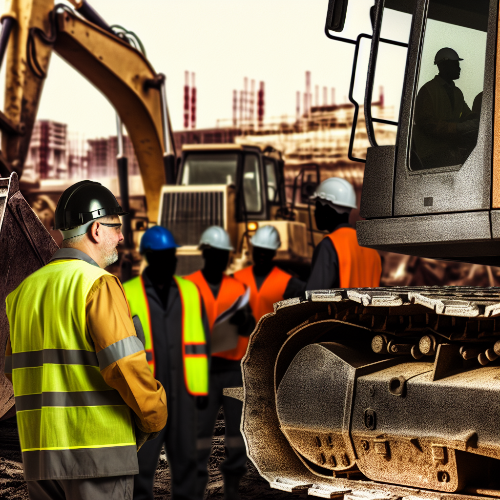 Bauarbeiter überprüfen und warten schwere Erdbaumaschinen.