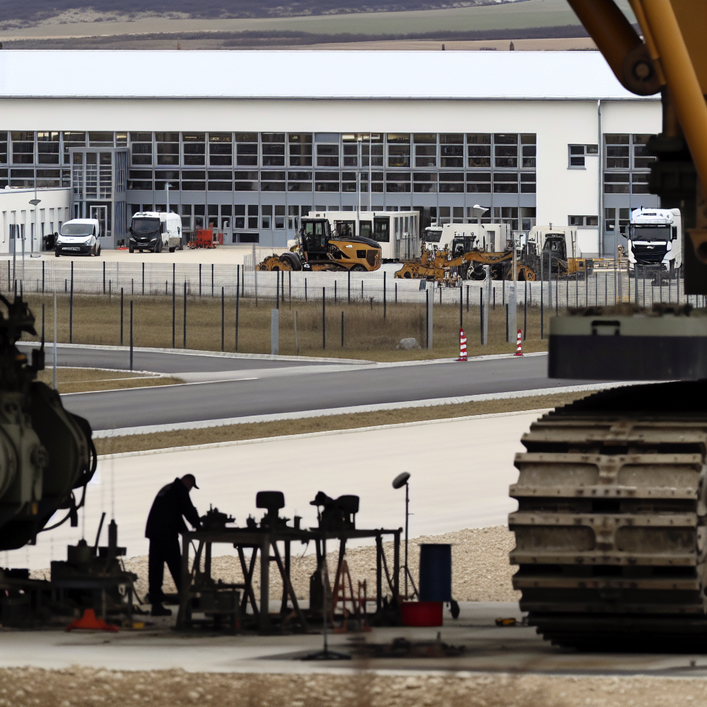 Baumaschine in Wartung, Weiterbildungszentrum im Hintergrund.