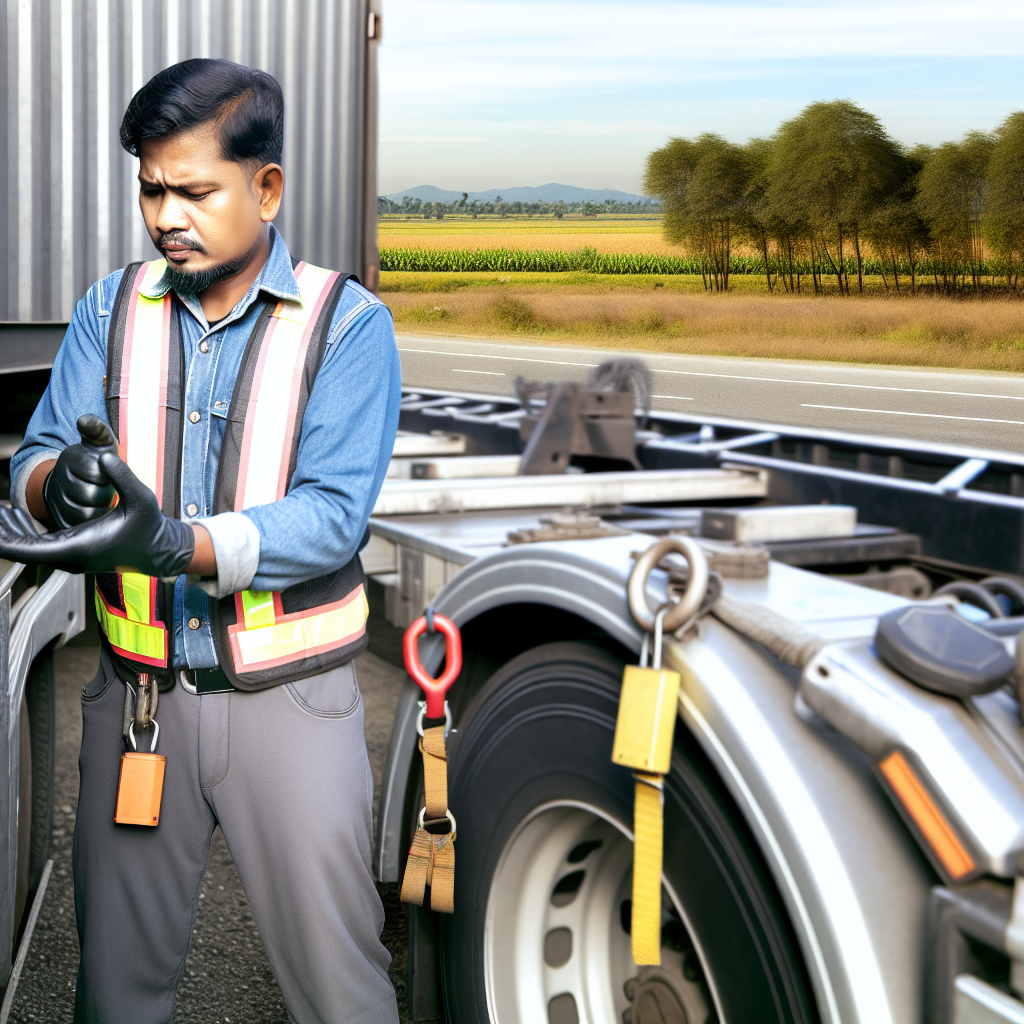 Ein Lkw-Fahrer überprüft ordnungsgemäß gesicherte Ladung.