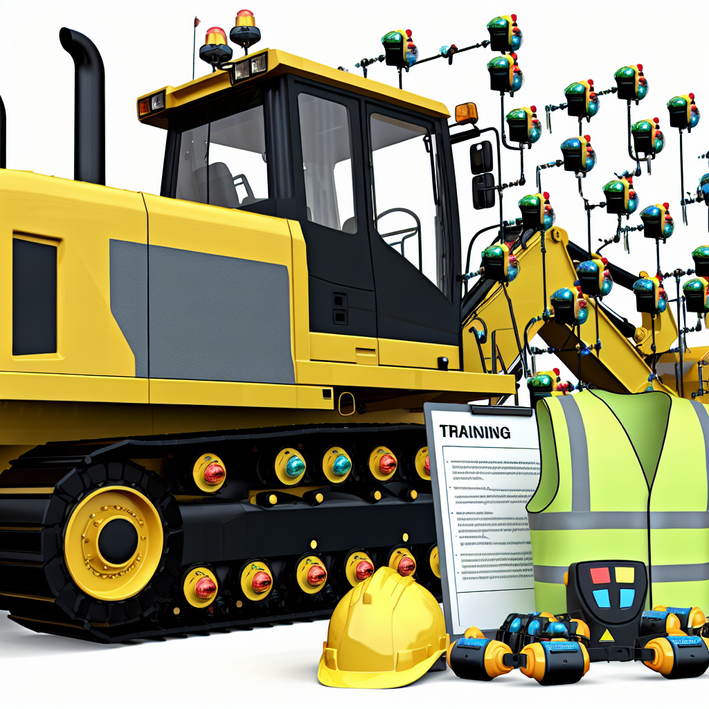 Erdbaumaschine mit Sensoren, Schulung und Sicherheitsausrüstung.