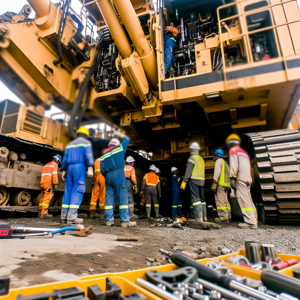 Erdbaumaschinen bei Wartung, betreut von geschulten Arbeitern.