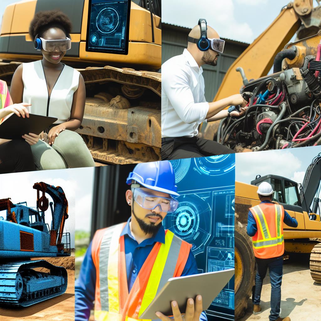 Erdbaumaschinenwartung mit Technikern und digitalen Tools.