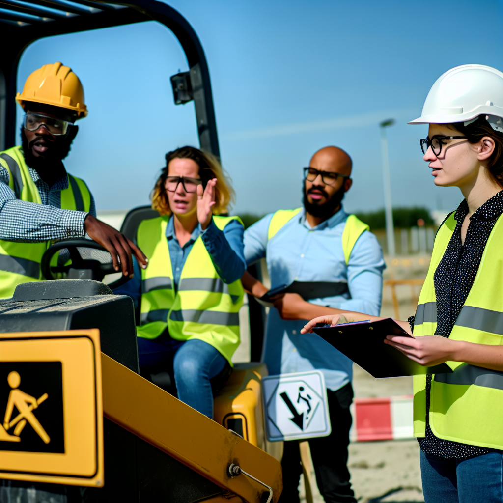 Fachkräfte bei Erdbaumaschinentraining mit Sicherheitshinweisen.