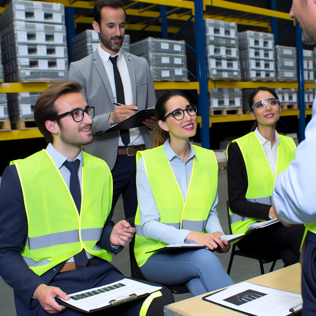 Fachkräfte lernen, umgeben von modernen Logistikgeräten.