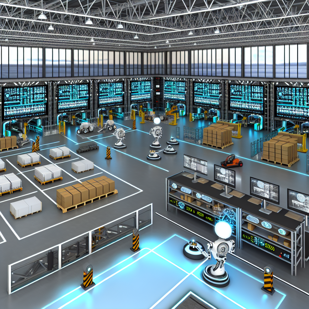 Futuristische Lagerhalle mit automatisierter Ladungssicherungstechnologie.