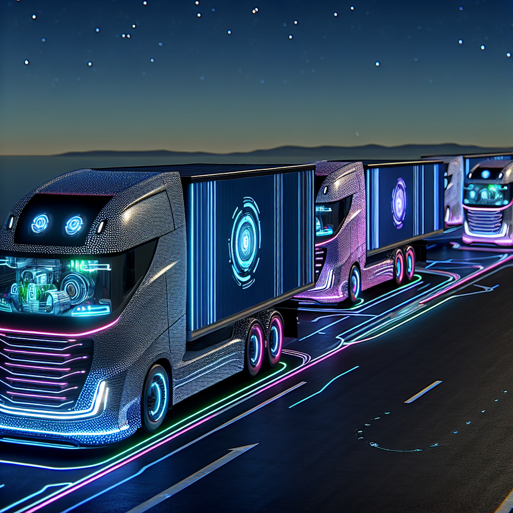 Futuristische Lastwagen mit digitalen Ladungssicherungssystemen unterwegs.