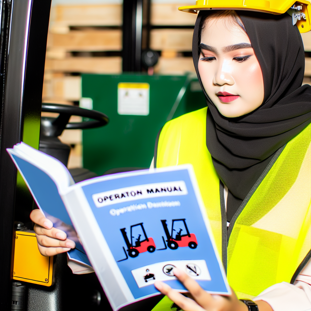 Gabelstaplerfahrer beim Sicherheitstraining mit Betriebsanleitung.