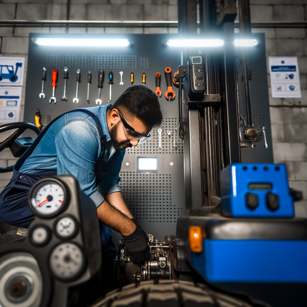 Gabelstaplerwartung durch Techniker in moderner Werkstatt.