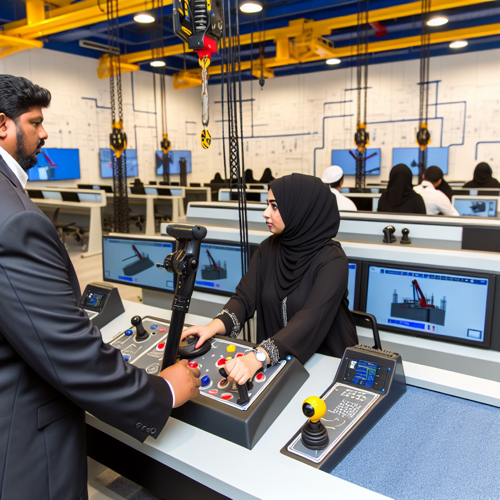 Kranführertraining an modernen Kransimulatoren in Schulungszentrum.