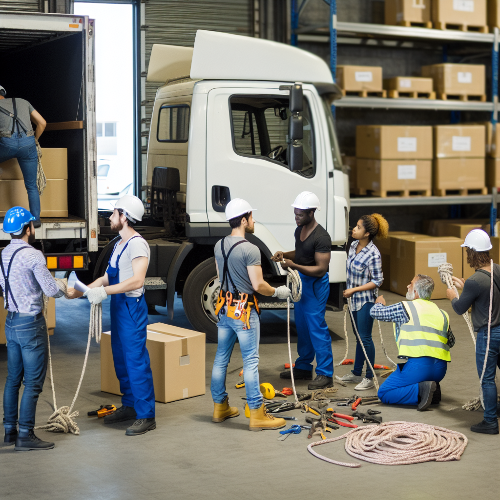 Lagerarbeiter und Lkw-Fahrer bei Ladungssicherungstraining.