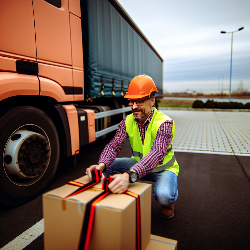 LKW-Fahrer sichert sorgfältig Ladung mit Gurten.