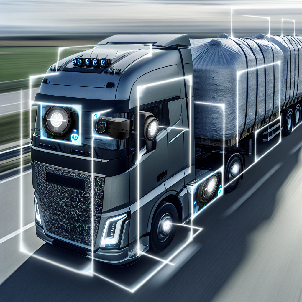 LKW mit gesicherter Fracht und digitalen Sensoren.