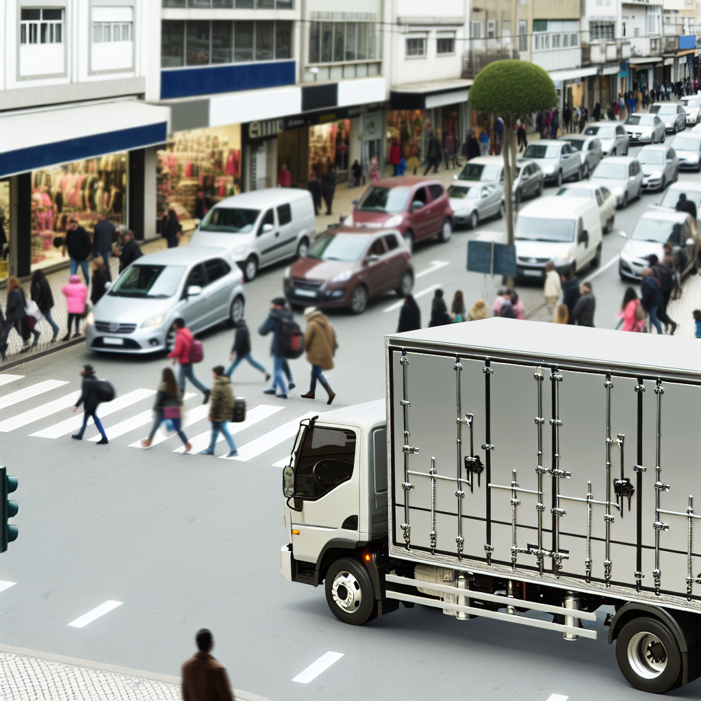 LKW mit gesicherter Ladung auf belebter Straße.