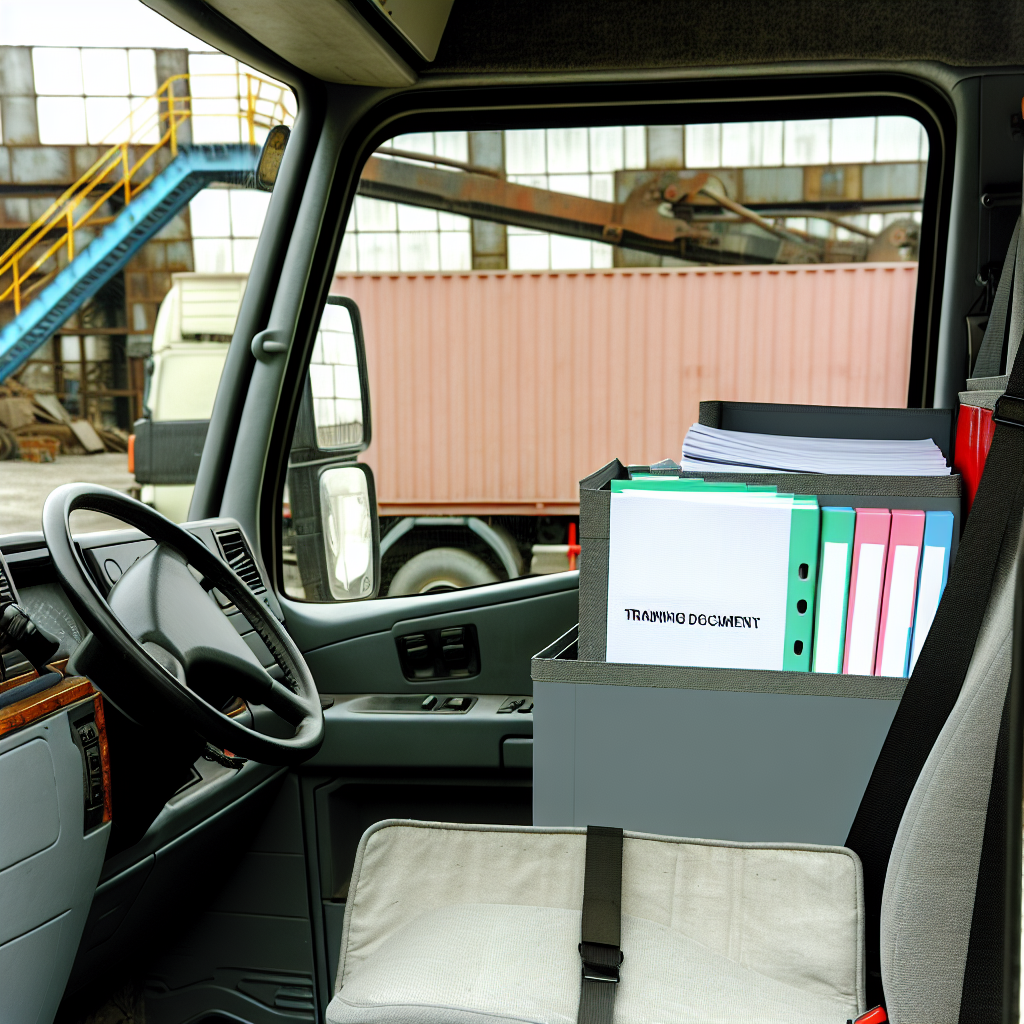 LKW mit gesicherter Ladung und Schulungsdokumenten.