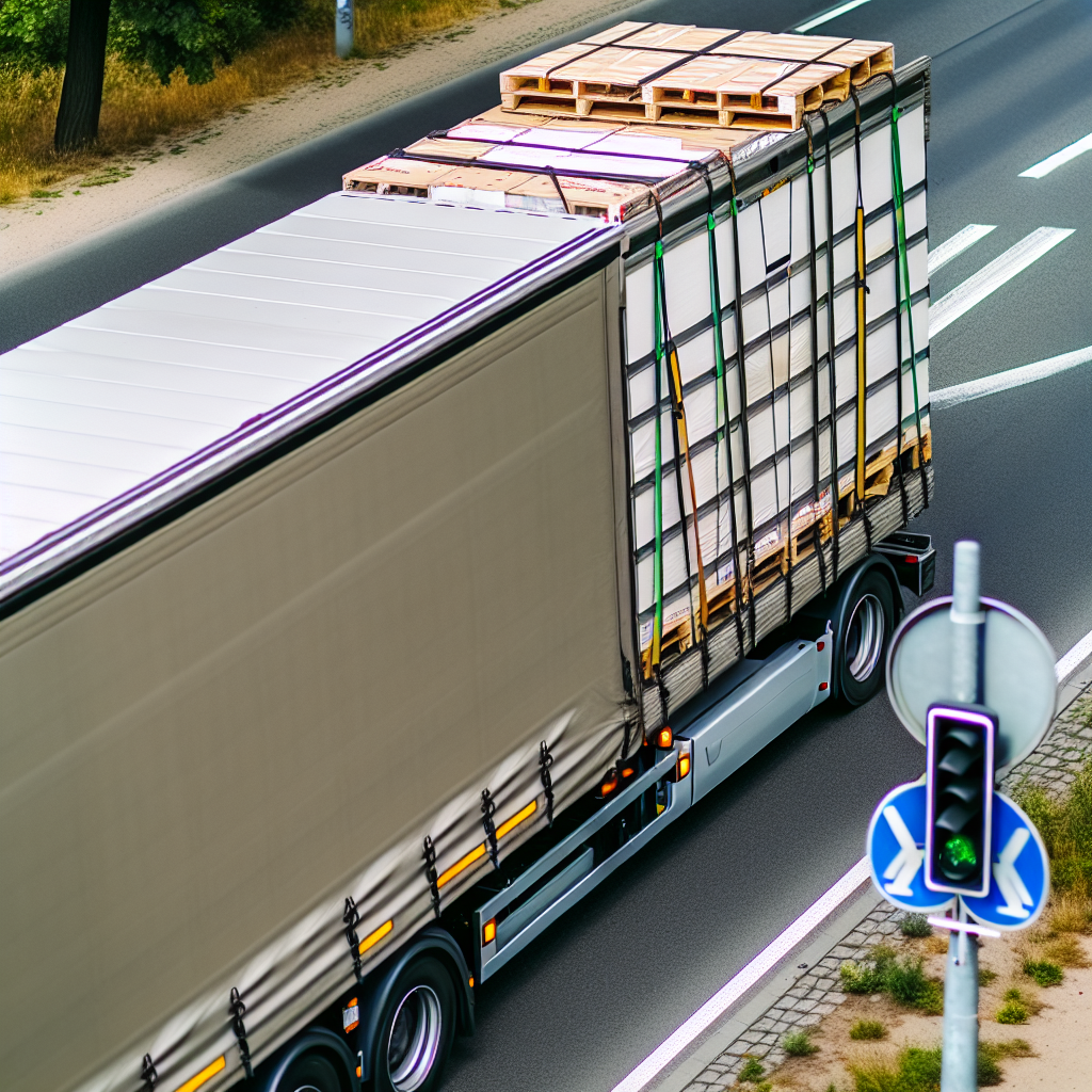 LKW mit gut gesicherter Ladung auf Straße.