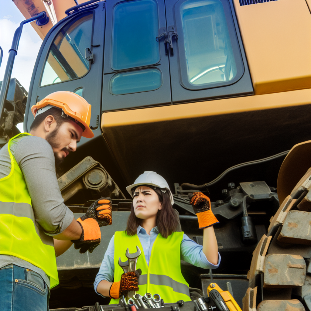 Mechaniker inspizieren und warten große Erdbaumaschine gewissenhaft.