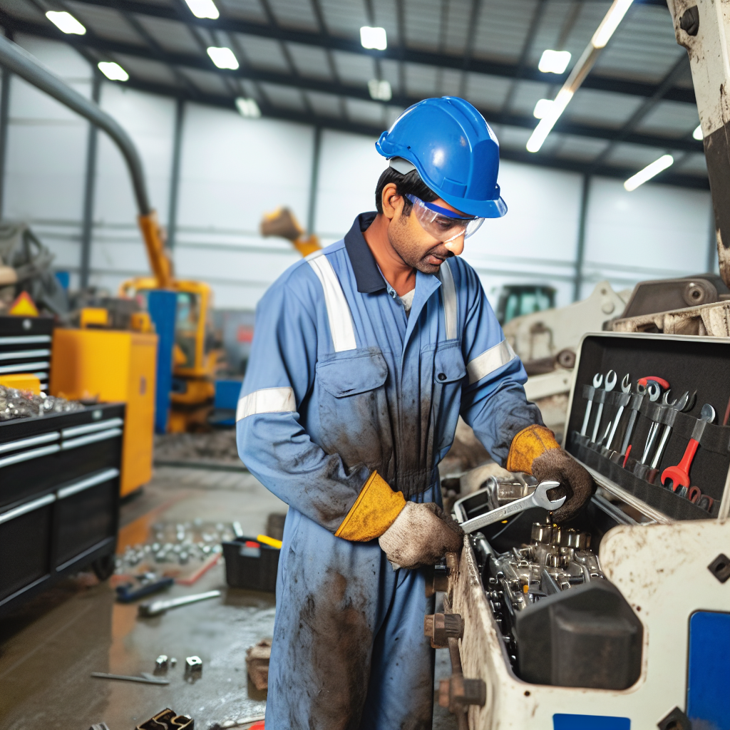 Mechaniker warten Baumaschine in moderner Werkstattumgebung.