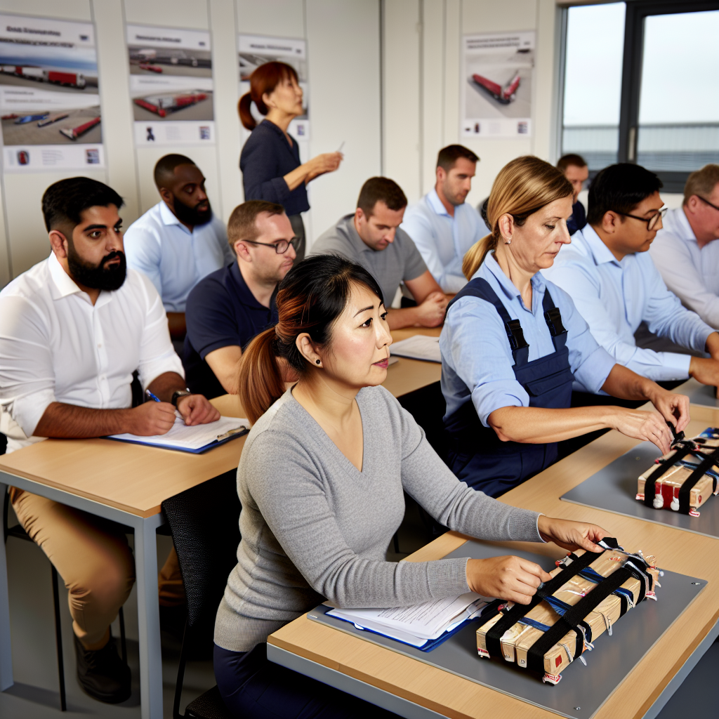 Mitarbeiter lernen praxisorientierte Ladungssicherung in Schulung.