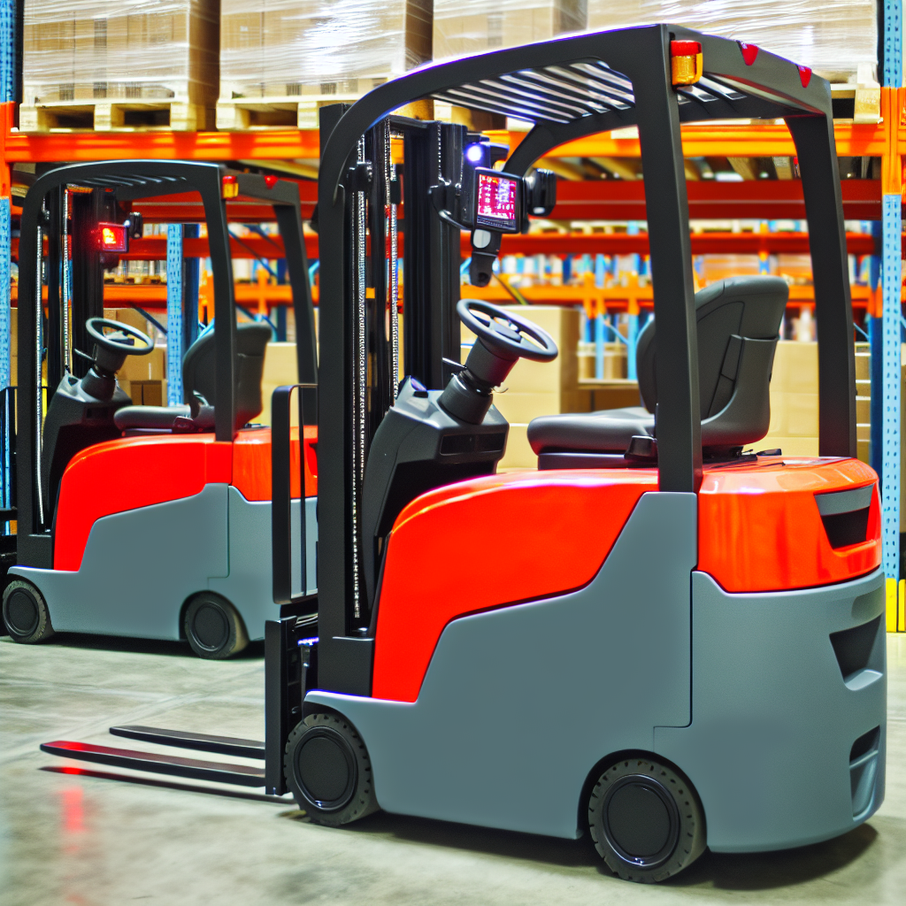 Moderne elektrische Gabelstapler in autonomem Lagerbetrieb.