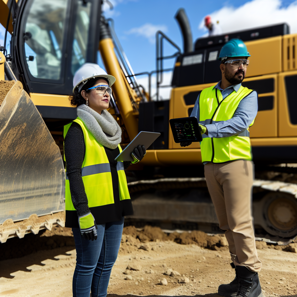 Moderne Erdbaumaschine mit Sensorik und Technikexperten.