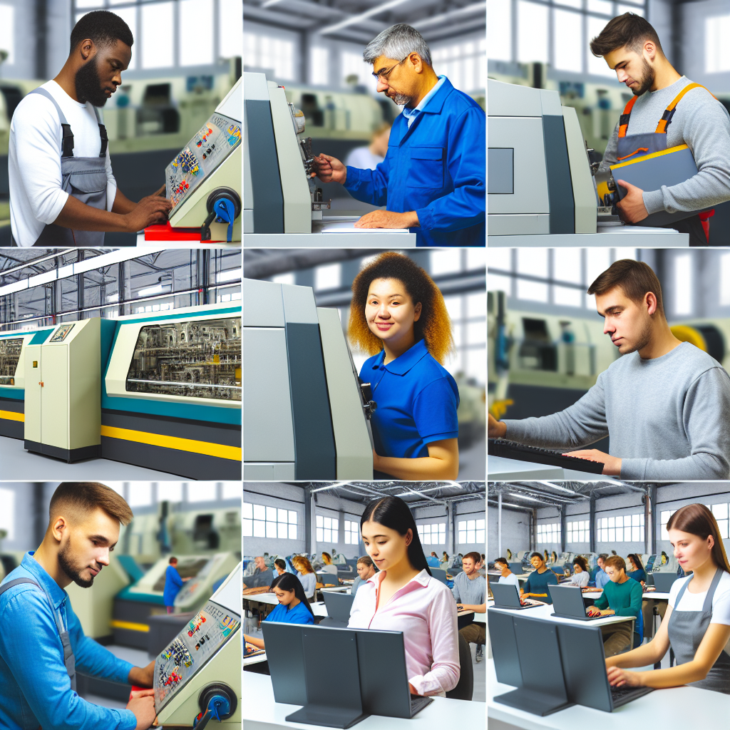 Moderne Maschinen, Schulungsraume, engagierte Arbeiter, digitale Lernwerkzeuge.