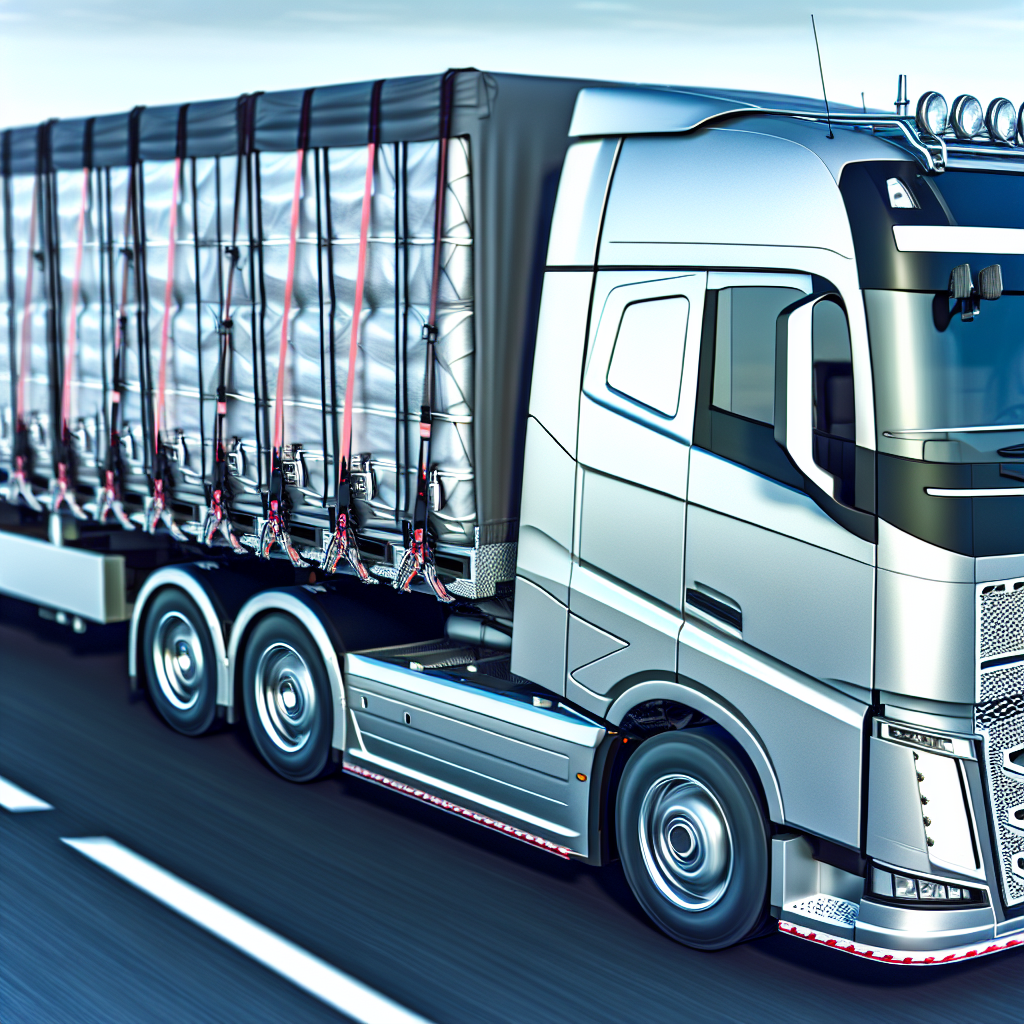 Moderner Lkw mit sorgfältig gesicherter Ladung unterwegs.