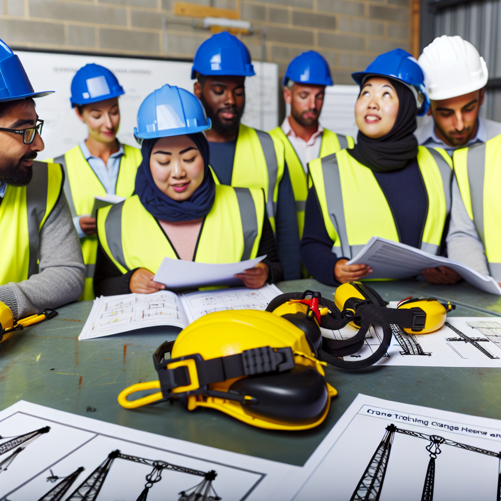 Team bei Kranweiterbildung mit Sicherheitsausrüstung und Lehrmaterialien.