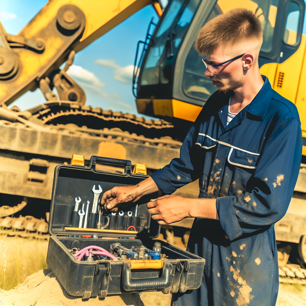 Techniker inspiziert Bagger während Wartungsschulung im Feld.