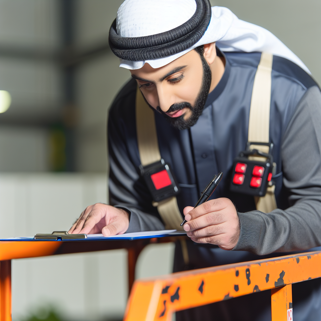Techniker inspiziert Hubarbeitsbühne mit Checkliste sorgfältig.