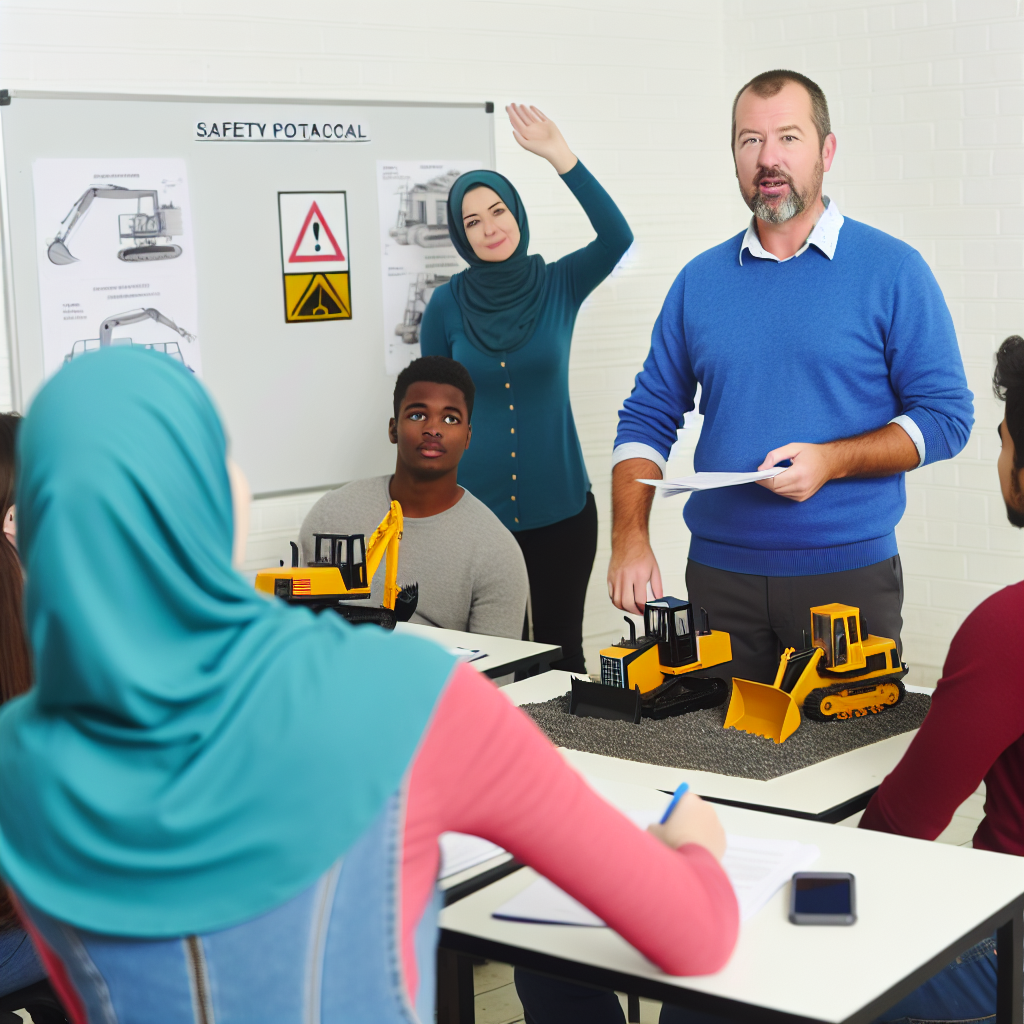 Trainer lehrt Sicherheitsmaßnahmen neben Erdbaumaschinen im Klassenzimmer.