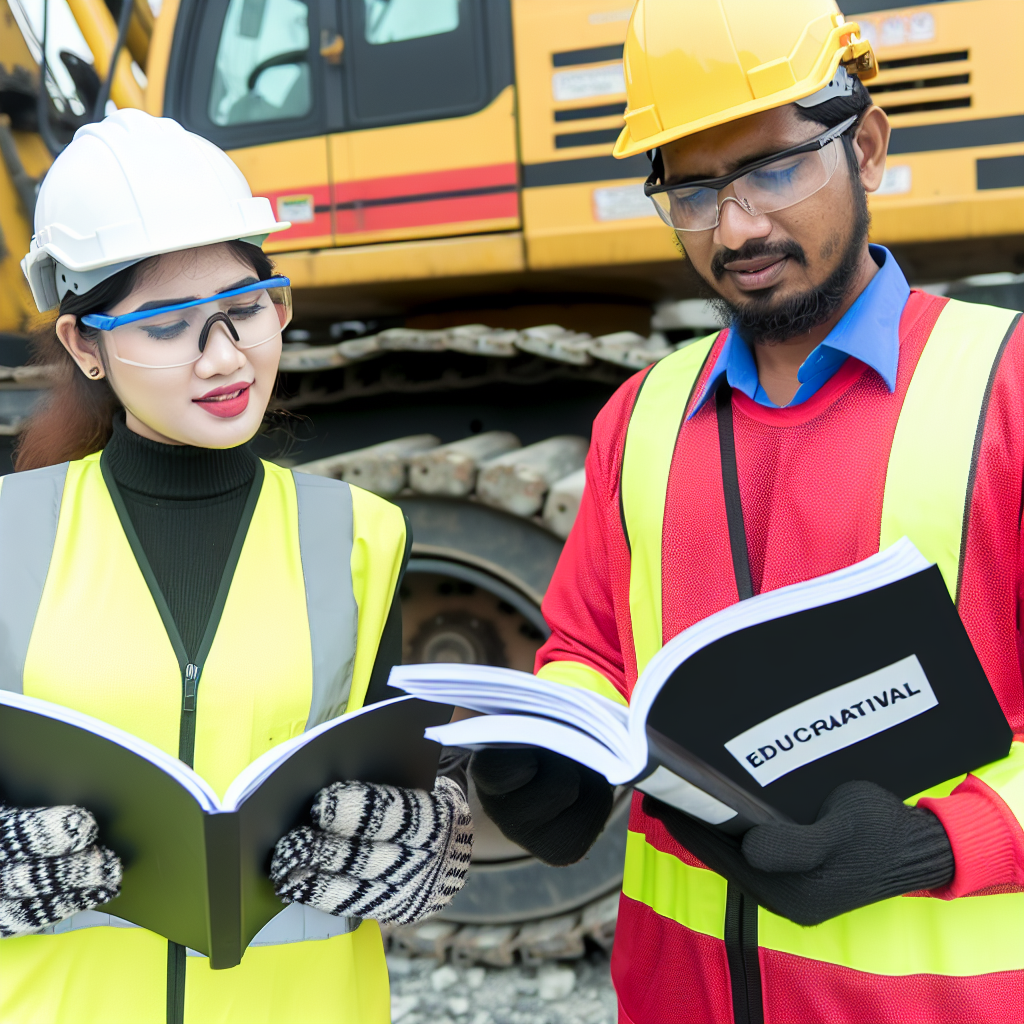 Wartungsteam inspiziert Baumaschine mit Schulungsunterlagen.