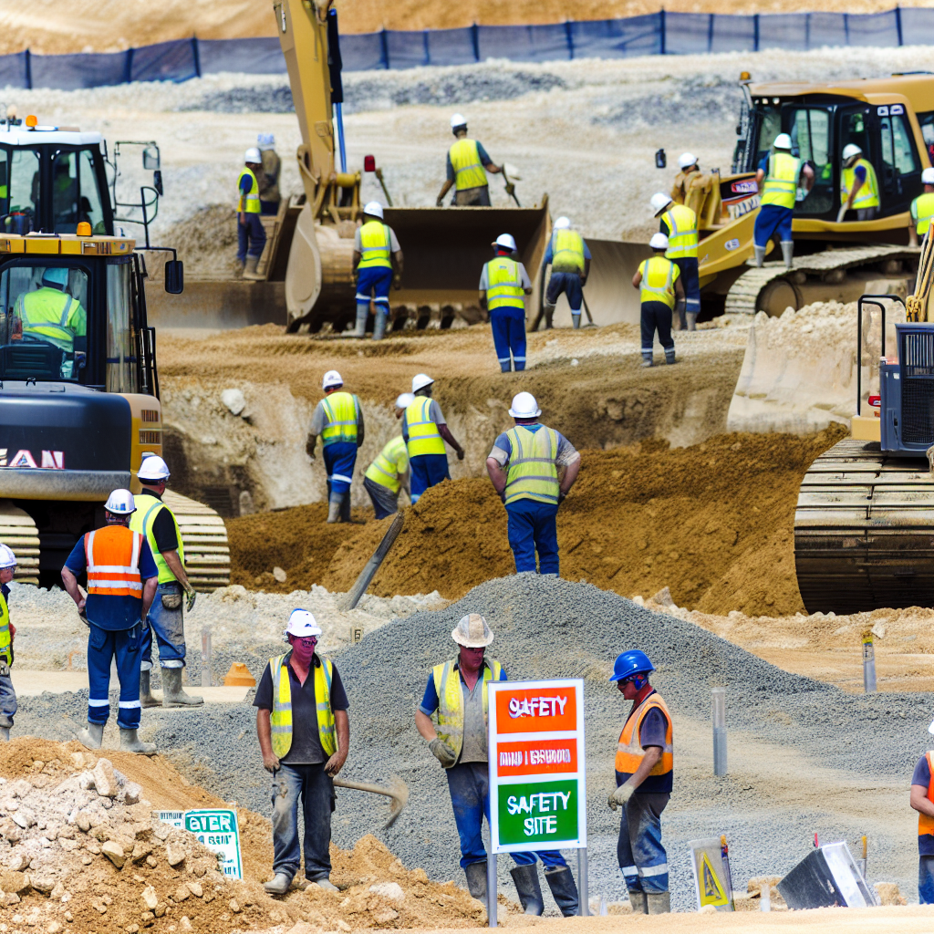 Arbeiter bedienen Erdbaumaschinen unter Sicherheitsanweisung.