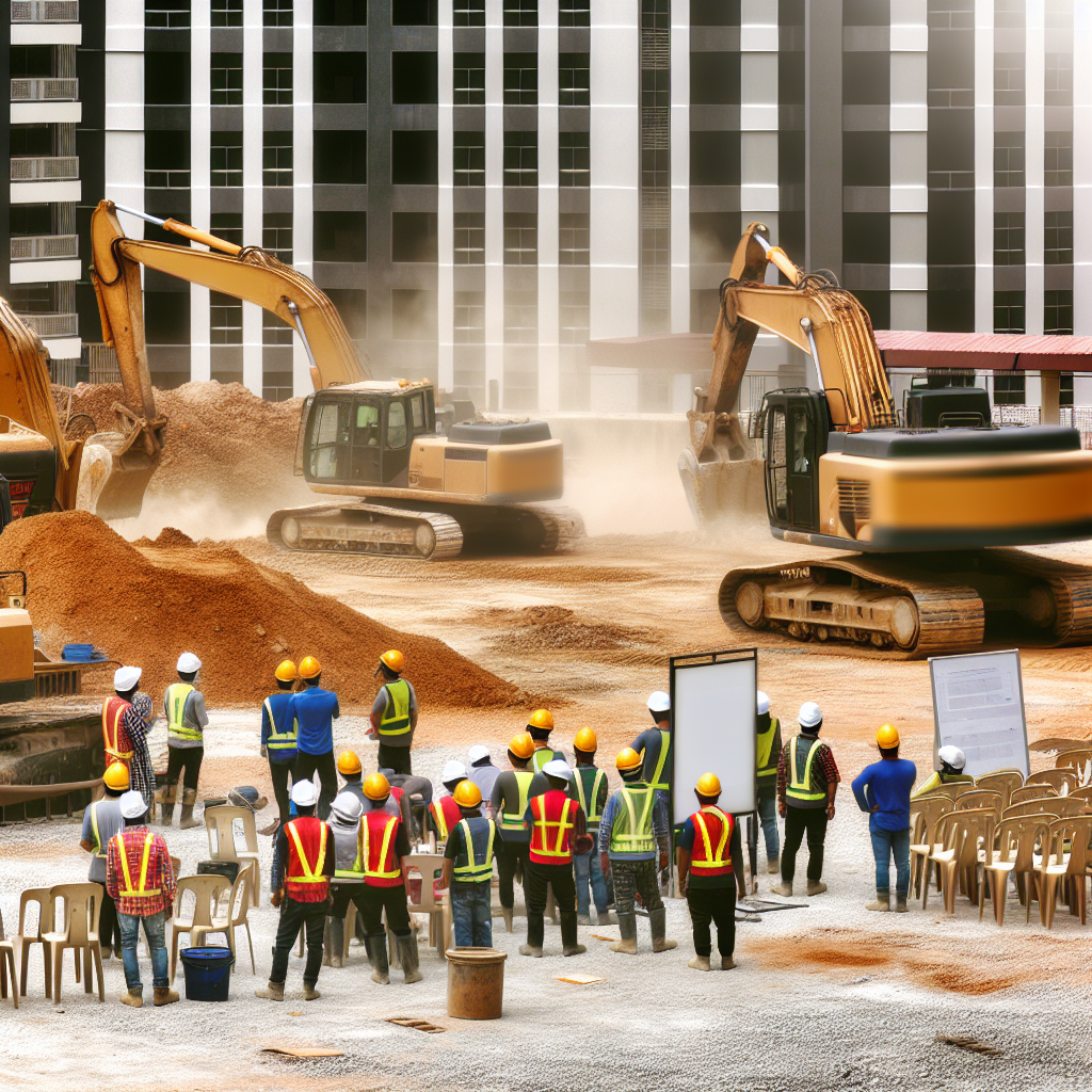 Baustelle mit Erdbaumaschinen, Sicherheitsausrüstung und Schulung.