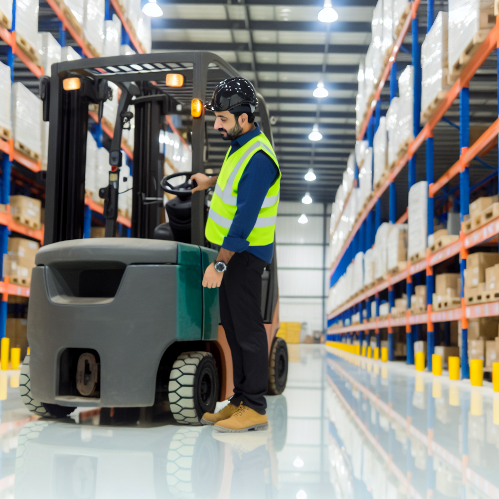 Gabelstaplerfahrer überprüft Fahrzeug in heller Lagerhalle.