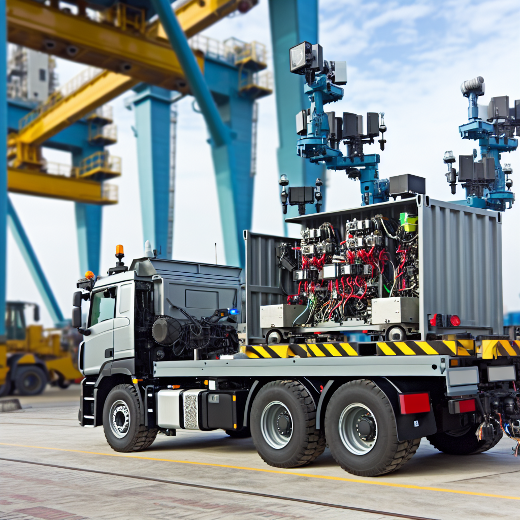 Industriefahrzeug mit gesicherter Ladung und Sensoren.