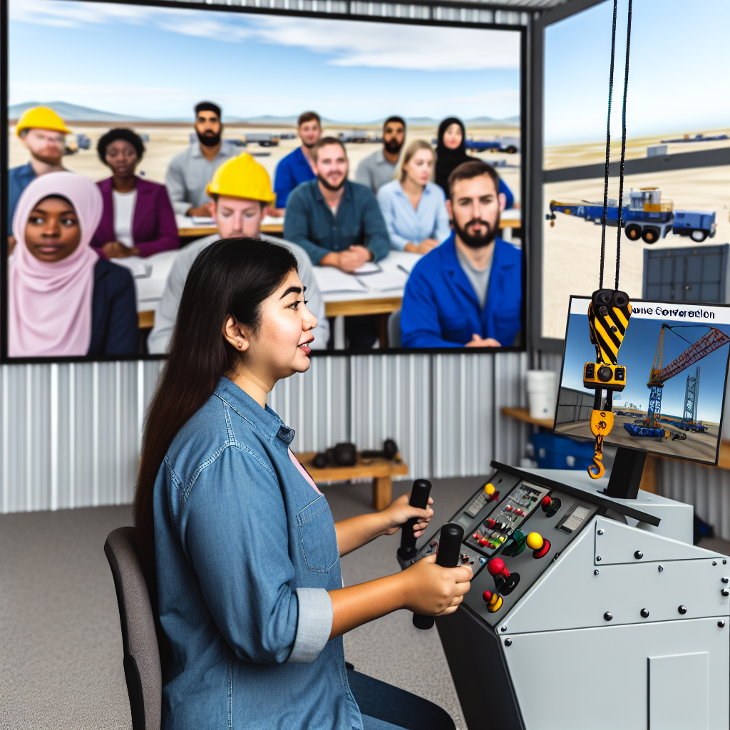 Industrieszene mit Kranführer-Schulung und Online-Unterricht.