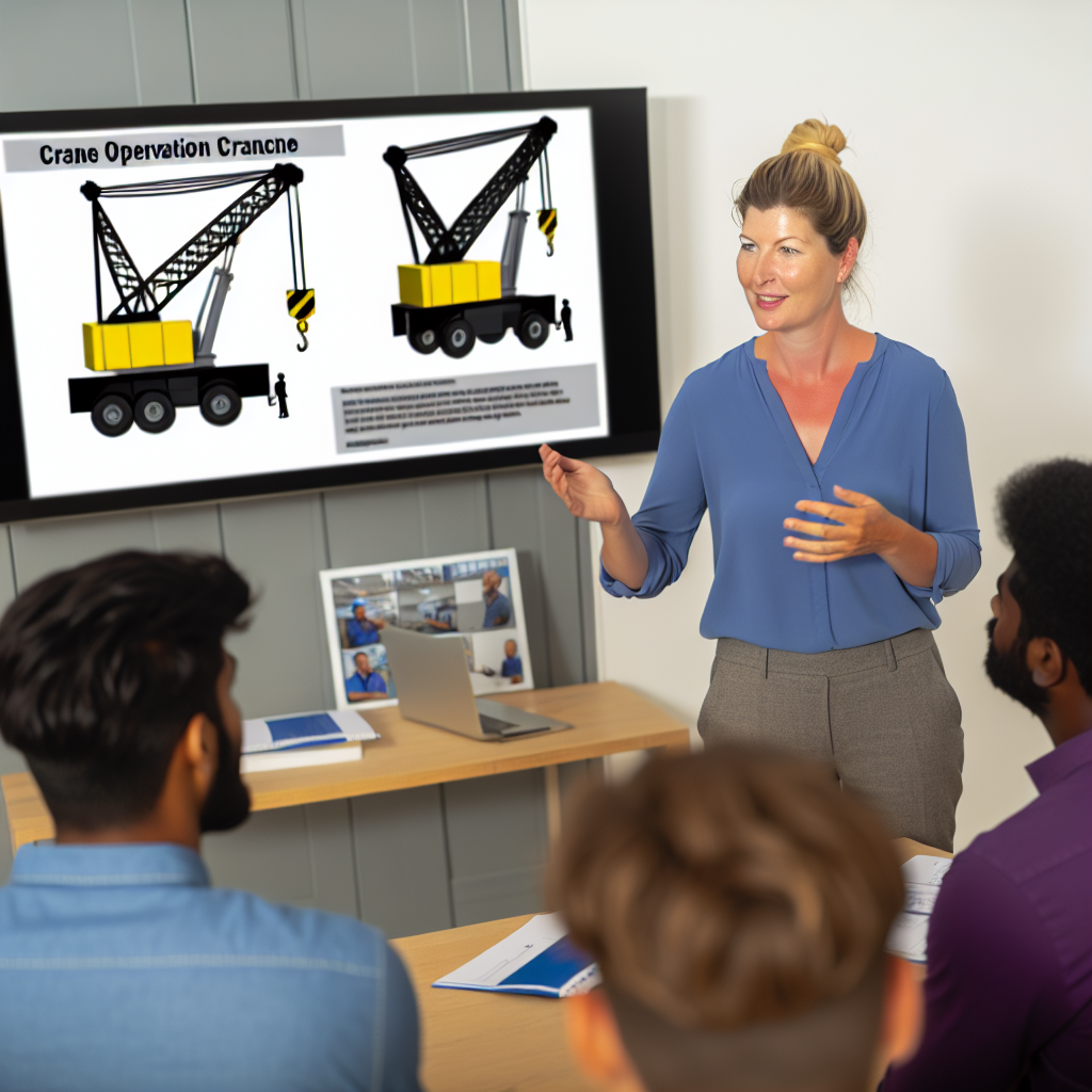 Kursleiter lehrt Mitarbeiter Kranbetrieb mit Präsentation.