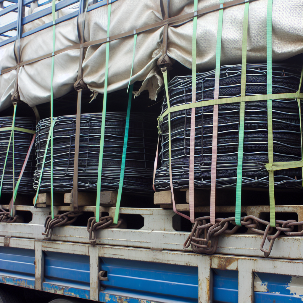 LKW-Ladung gesichert mit Gurten und Netzen.