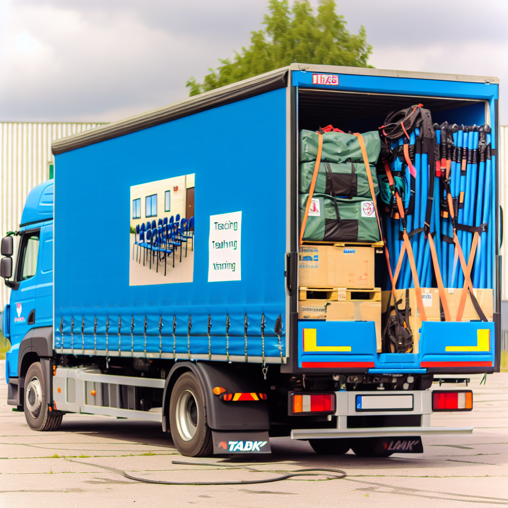 LKW mit gesichertem Frachtgut und Schulungsmaterialien.