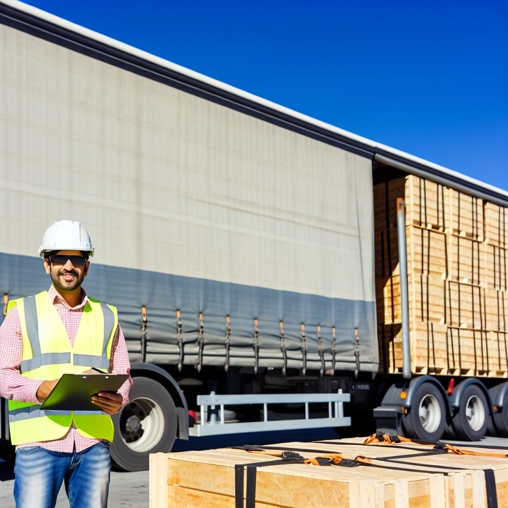 Lkw mit gesicherter Ladung und Facharbeiter daneben.