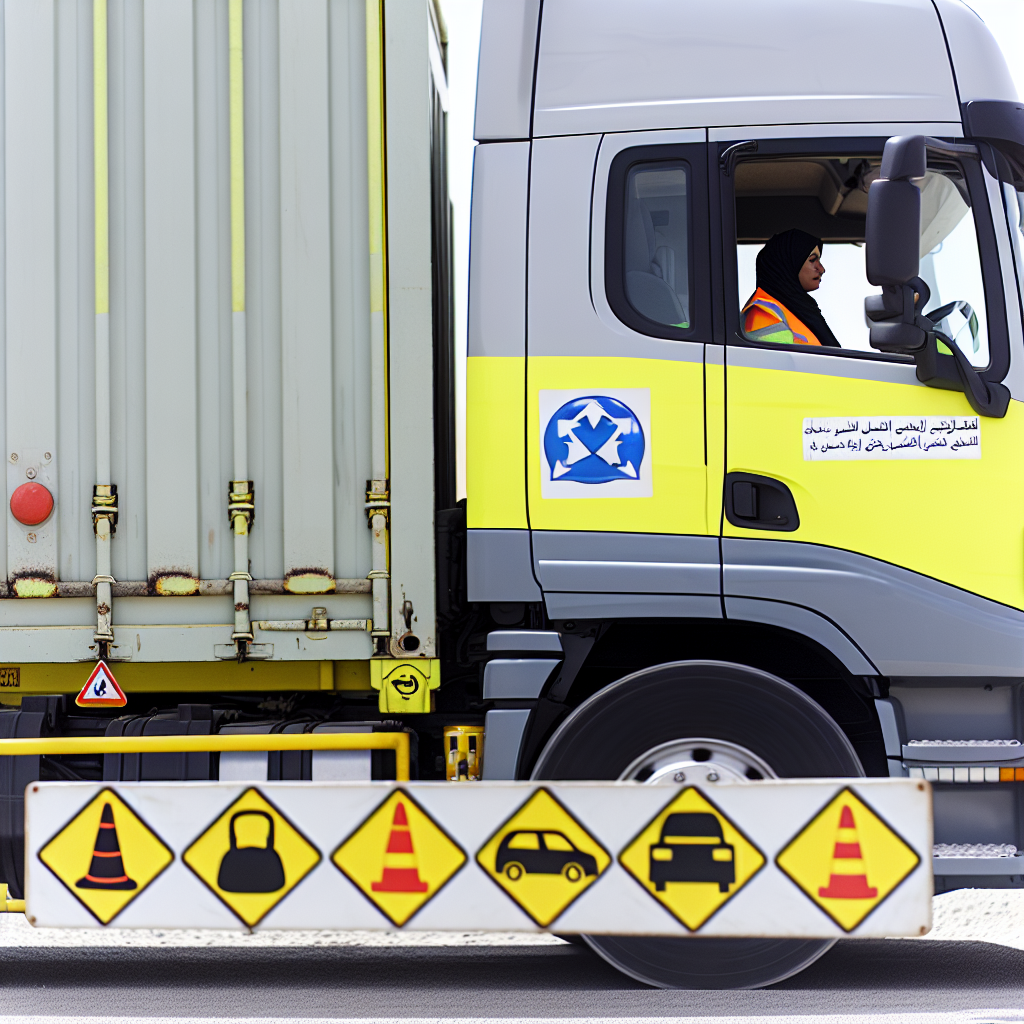 Lkw mit gesicherter Ladung und Schulungssymbolen.