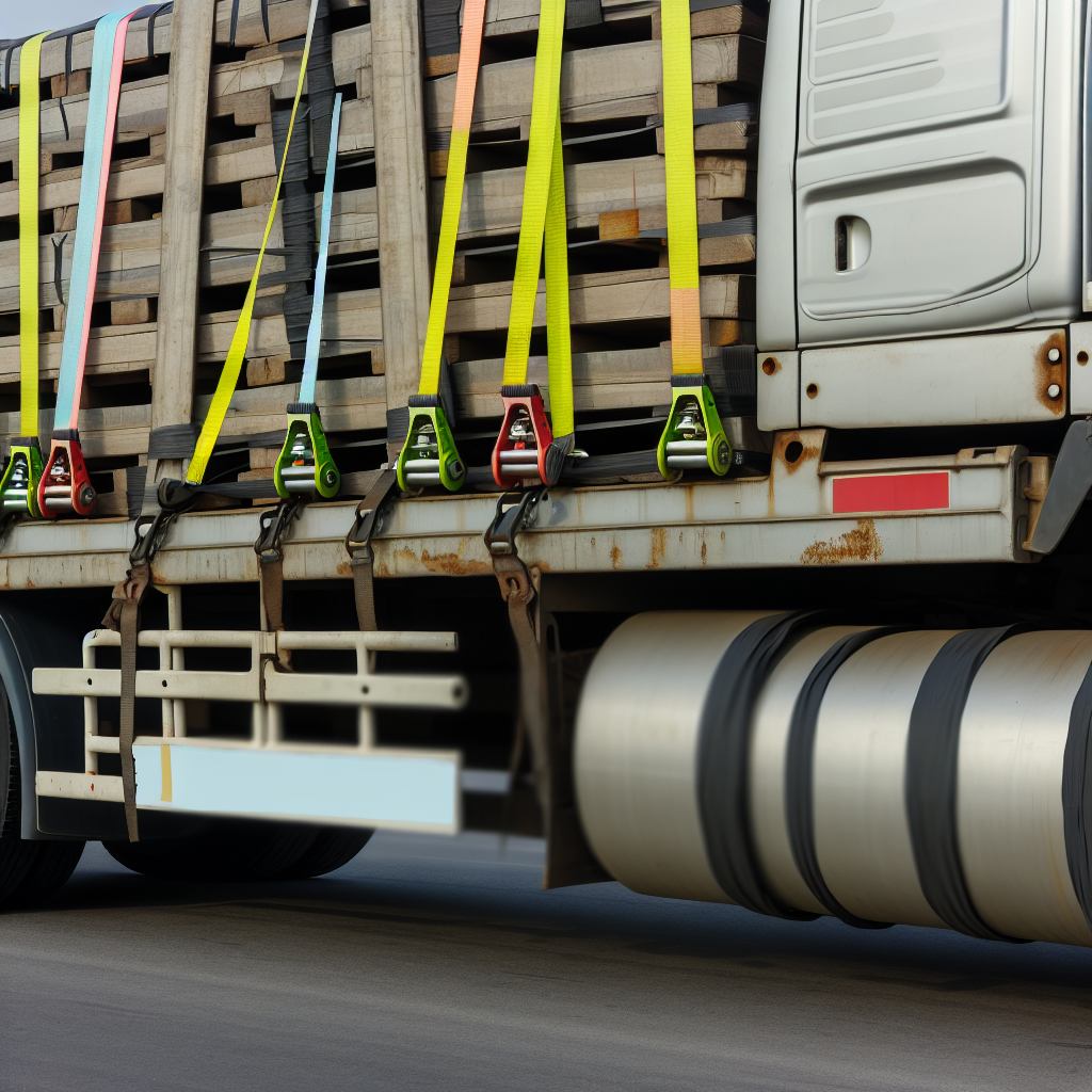 LKW mit gesicherter Ladung, Zurrgurte leuchtend sichtbar.