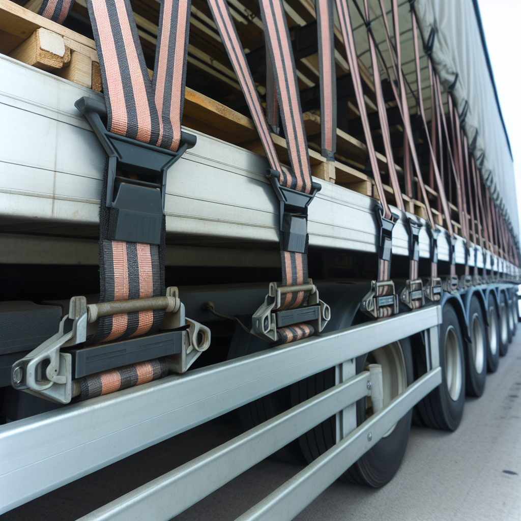 Lkw mit Zurrgurten und Ladungssicherungsmaterialien beladen.