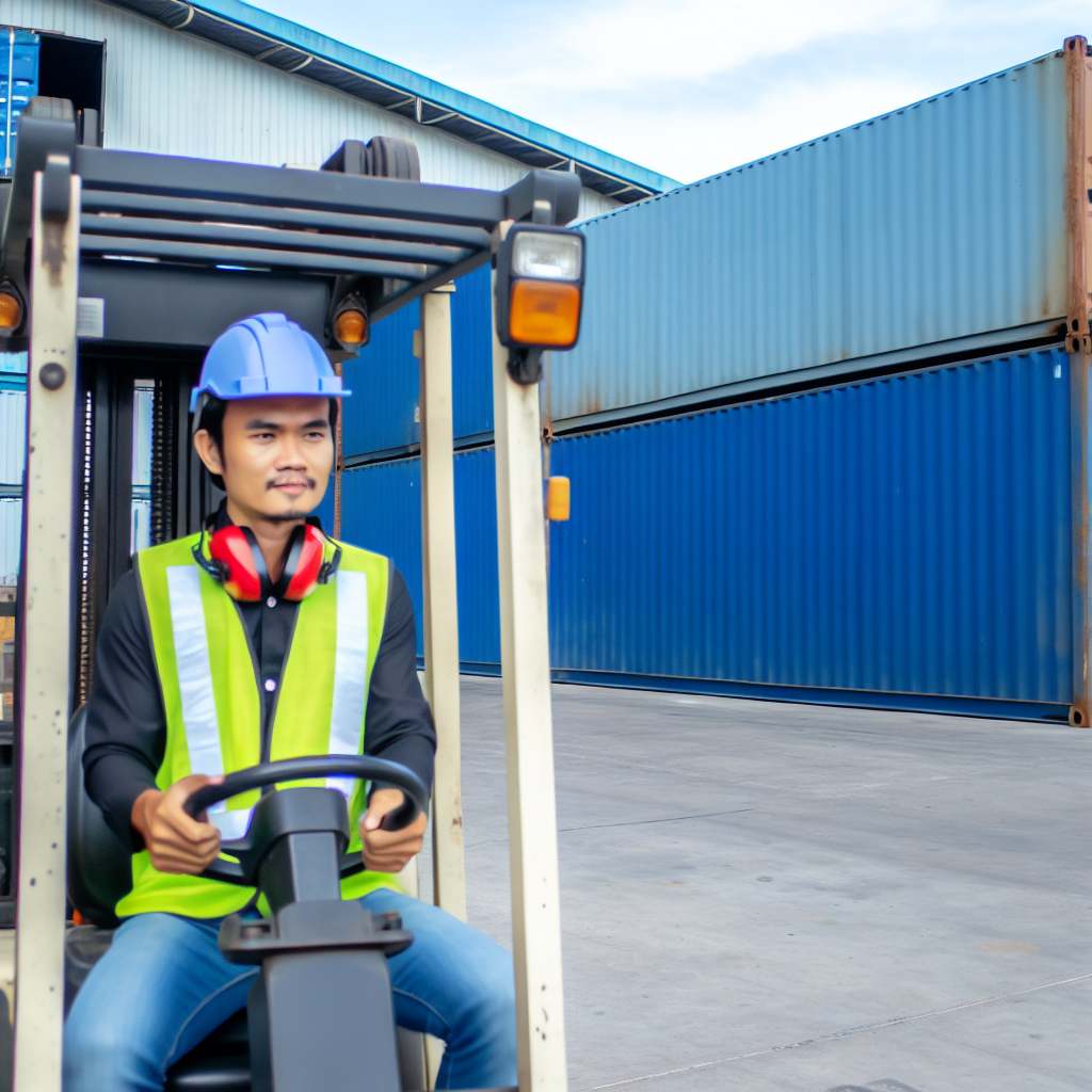 Mann erlernt Gabelstaplerbetrieb vor Industrielagerhalle.