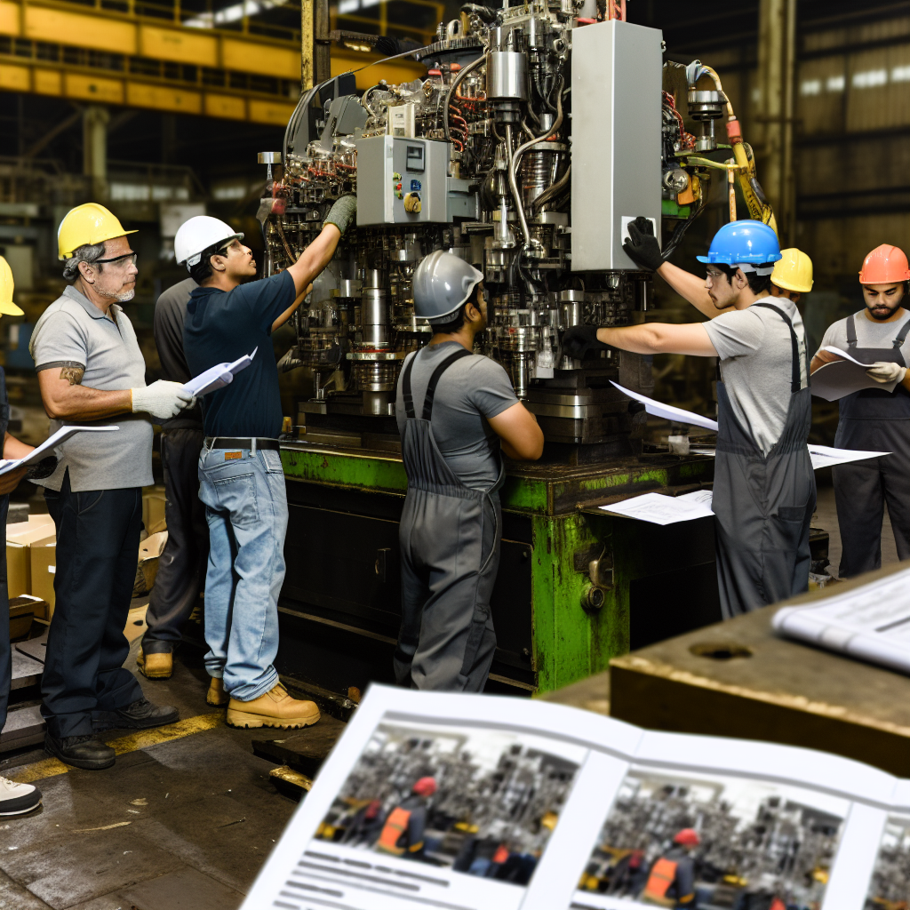 Maschinenwartung mit Arbeitern und Schulungsmaterialien dargestellt.
