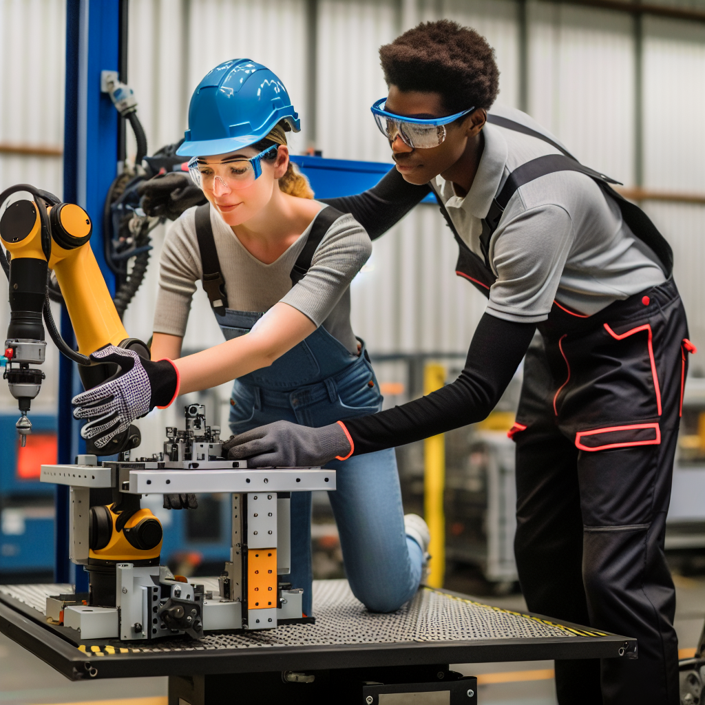 Mechaniker inspizieren moderne Hubarbeitsbühne mit Technologie.